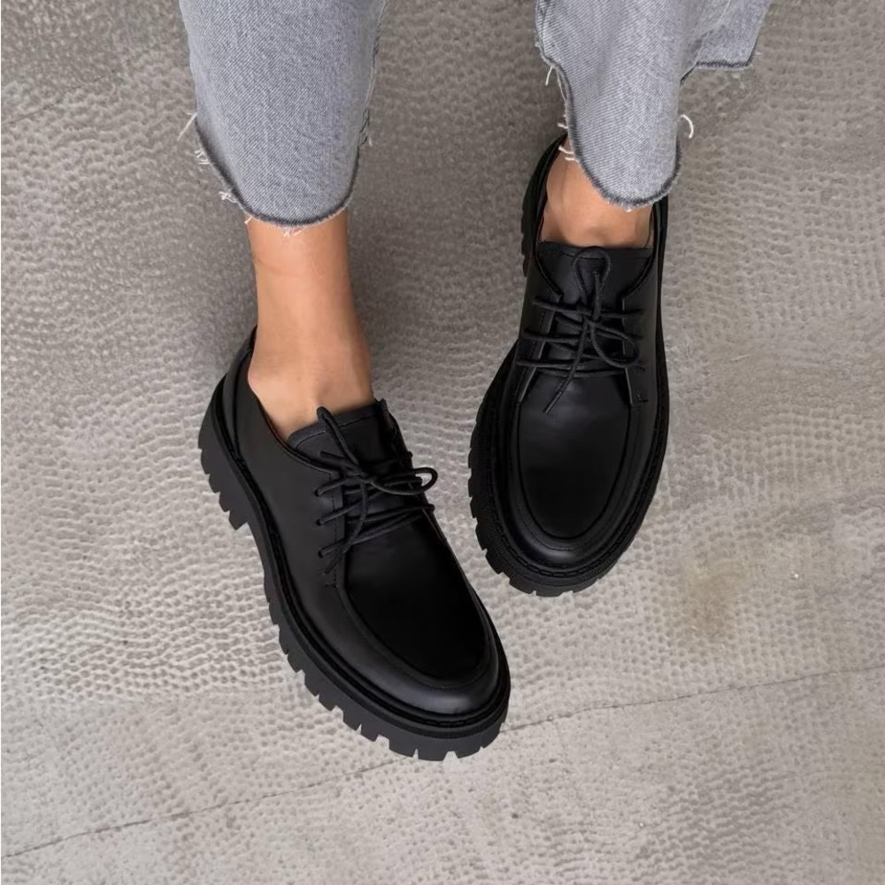 Zara Matte Black Chunky Platform Lace-Up Oxfords